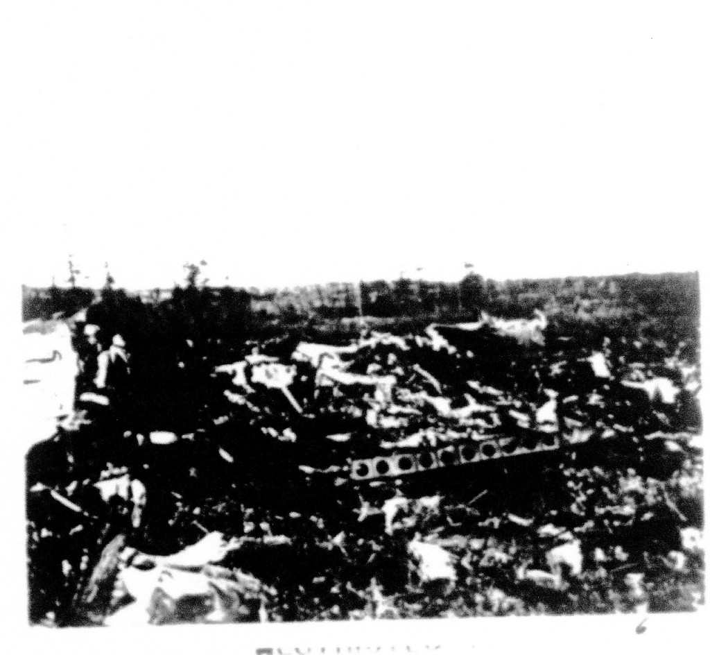 Image 6 from the crash report. "Photo attachments #6 and #7 [missing] are general view of the wreckage". Griffing et al. 1947.