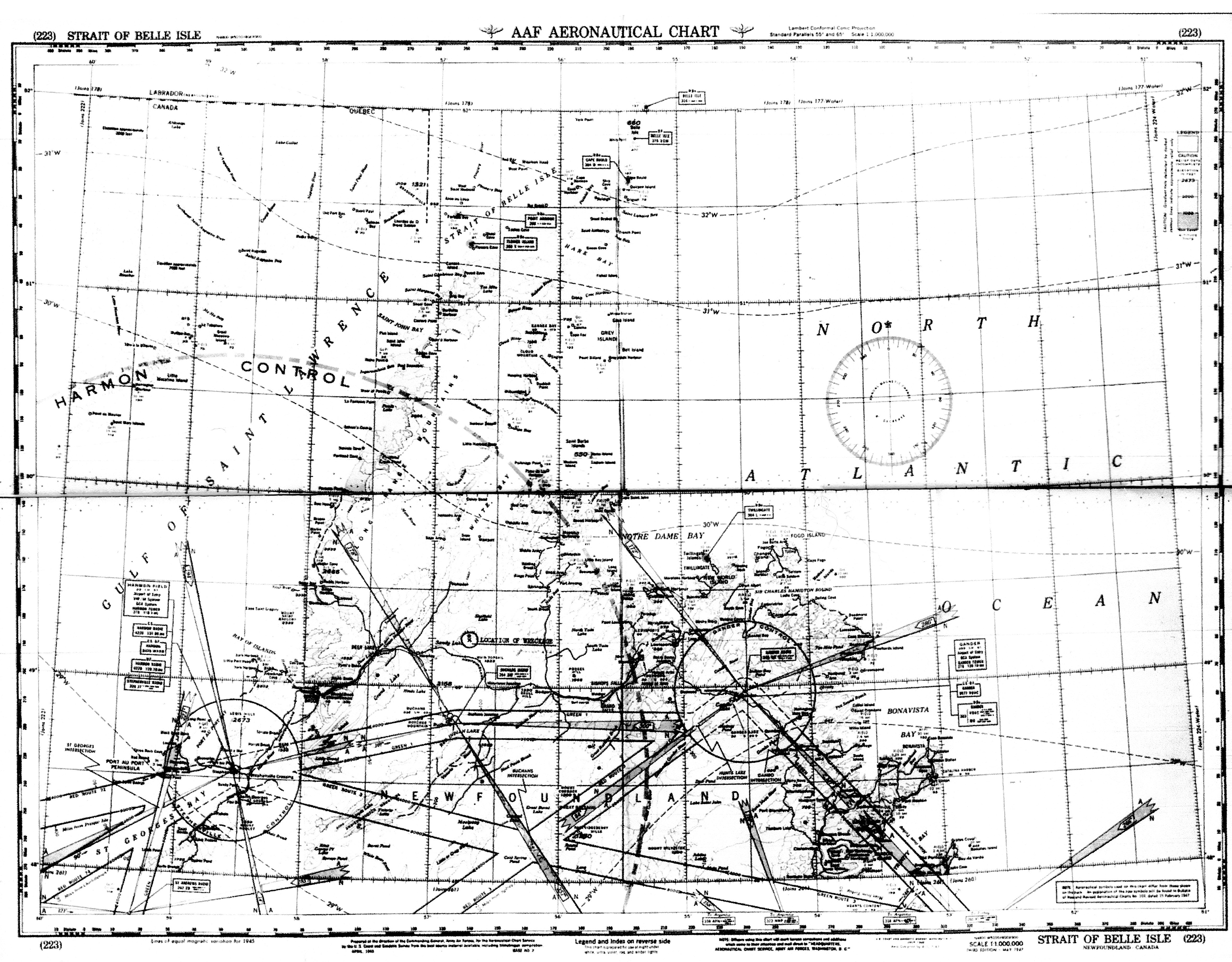 AAF Aeronautical Chart indicating Harmon Control and Gander Control plus the location of the wreckage. From Griffing et al. 1947.