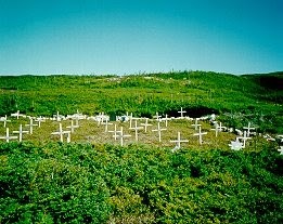 Images of the memorial cemetery from heritage.nf.ca. Note, since this image was taken, many of the wooden crosses have fallen.