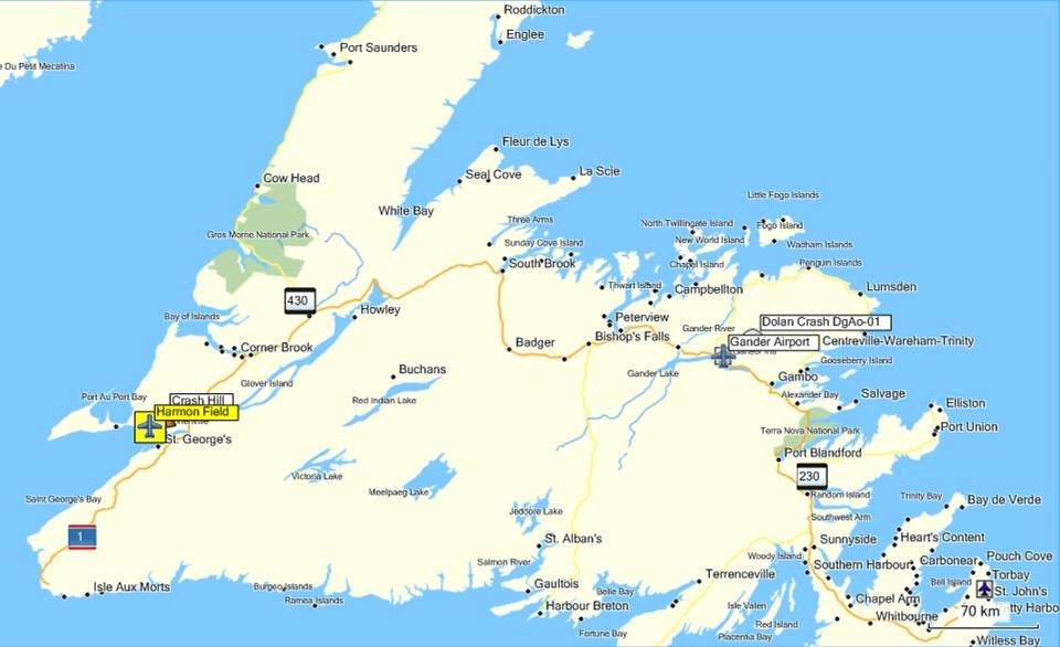 Armstrong served at Harmon Field and Gander Airport. Crash Hill and the Dolan site are marked as well. Map from MapSource 2010.