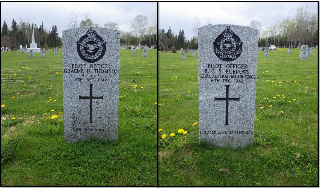 Figure 1: The graves of RAF P/O Graeme Hamilton Thomson and RAAF P/O Ronald George Stanley Burrows at the Commonwealth War Graves in Gander. Photo by author, 2014. 