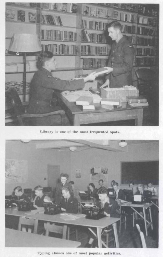 Top photo: The library. A wall lined with shelves of books in the background. On man sitting at a desk covered in books is having a book to another man standing on the other side. Bottom photo: A woman is walking between rows of desks as servicemen and women are sitting, working at large black typewriters.
