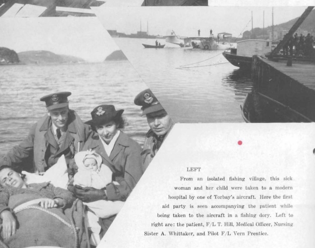 Two photos. Top right is an unnamed outport. In the right foreground is a dock with a small fishing boat. In the back centre is a white float plane with two people standing on the wings and a dory trailing behind it. The photo on the left is of two servicemen on either side of a female nurse who is folding a baby. They are sitting in a dory with a woman who is lying down.